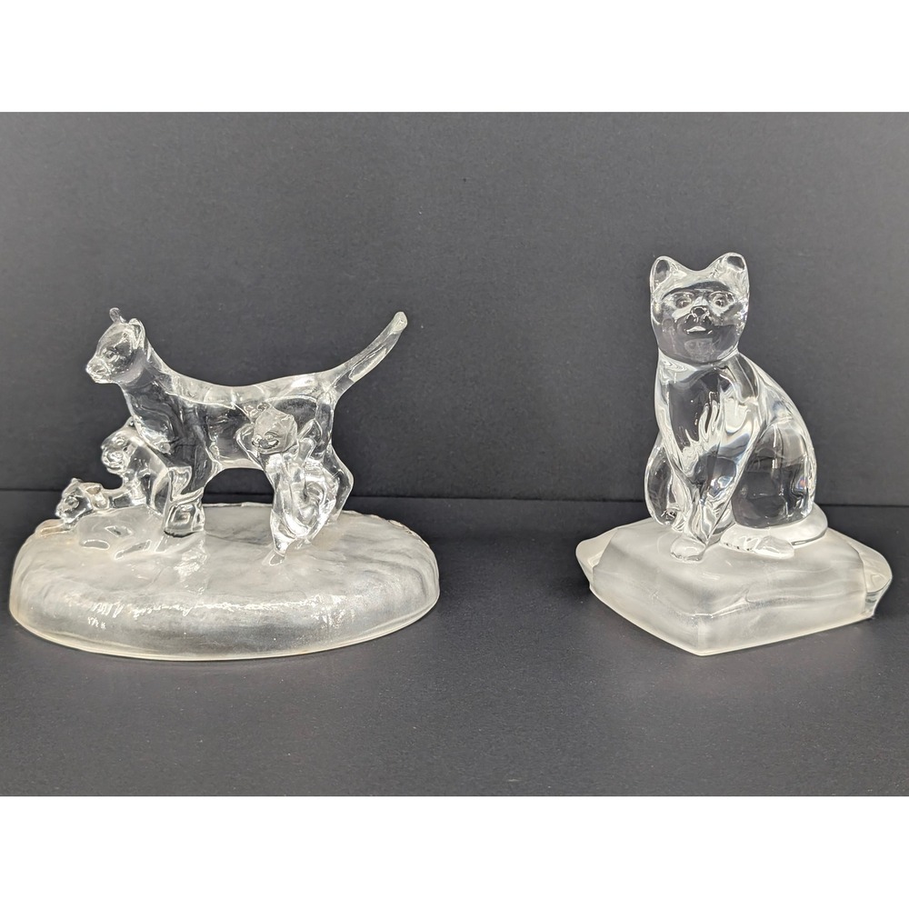 2 Vintage Frosted Clear Glass Cat Figurines Mother with Kittens & Sitting Cat